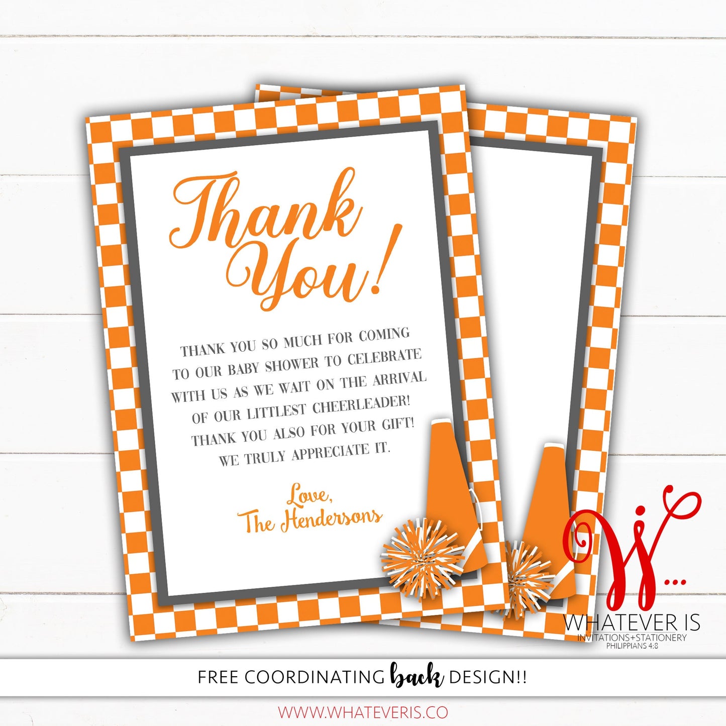 Orange and White Cheerleading Baby Shower Thank You Cards
