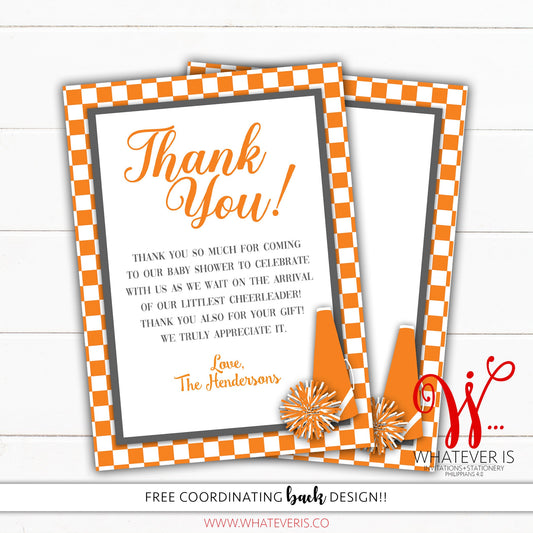 Orange and White Cheerleading Baby Shower Thank You Cards