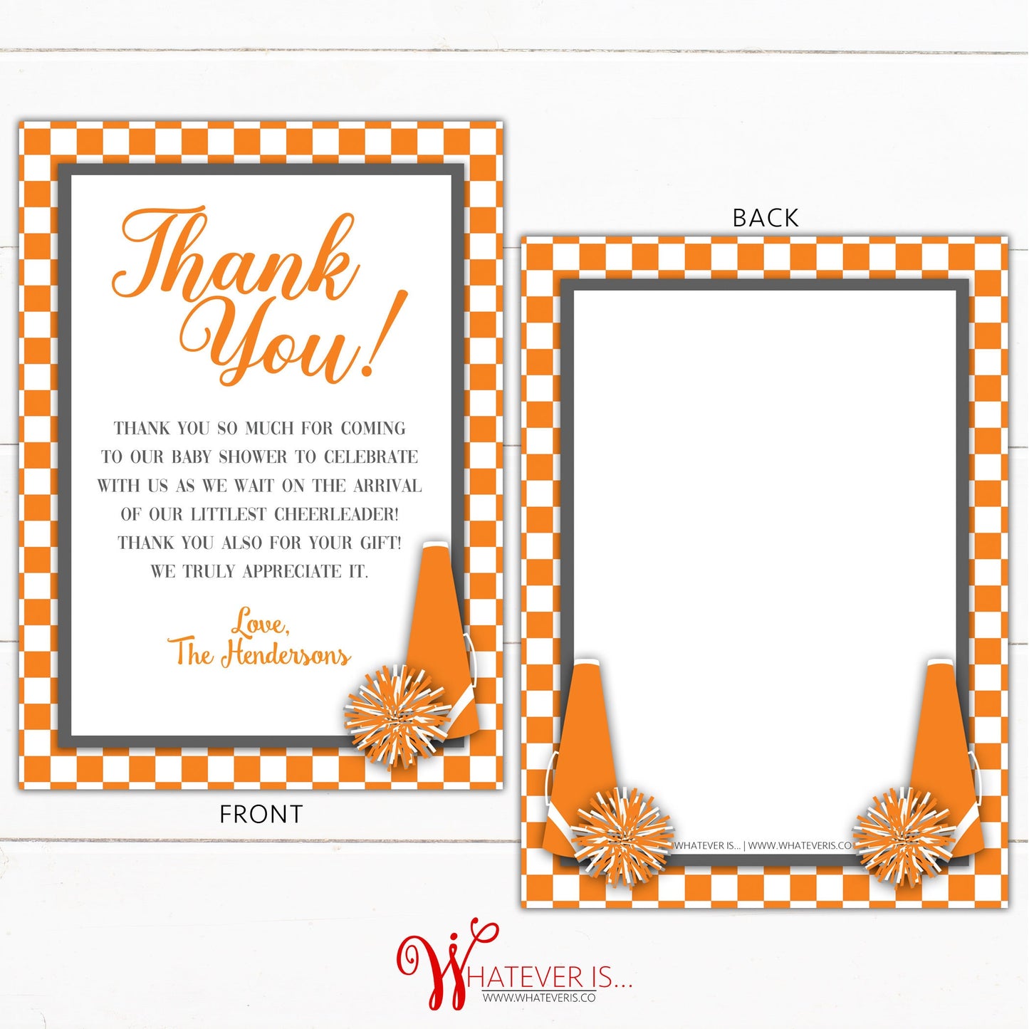 Orange and White Cheerleading Baby Shower Thank You Cards