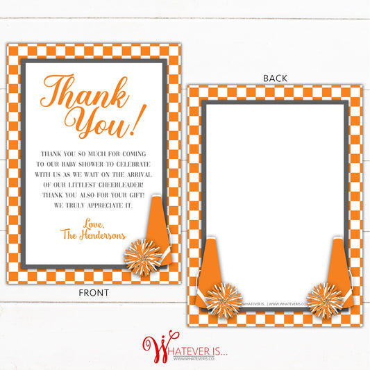 Orange and White Cheerleading Baby Shower Thank You Cards