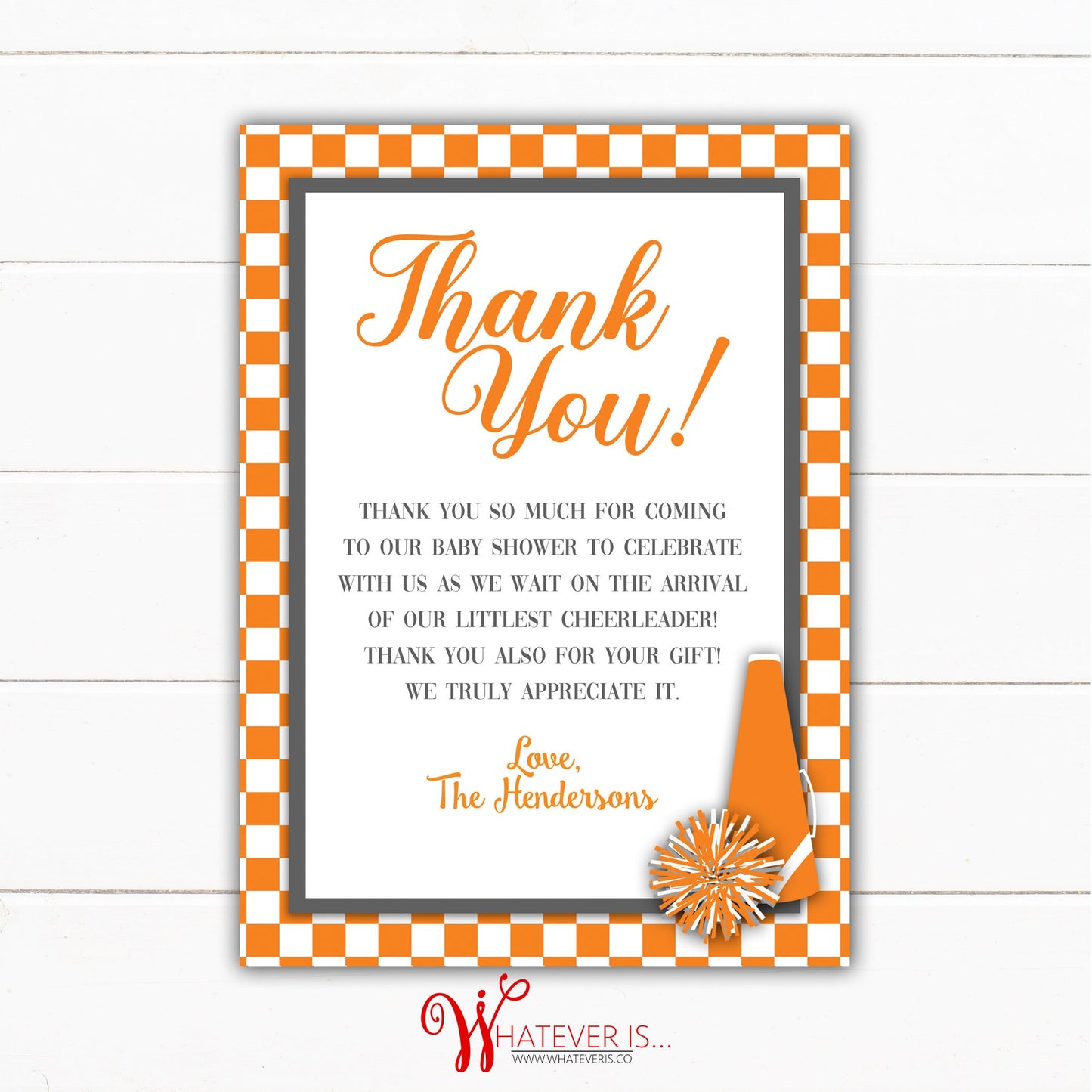 Orange and White Cheerleading Baby Shower Thank You Cards