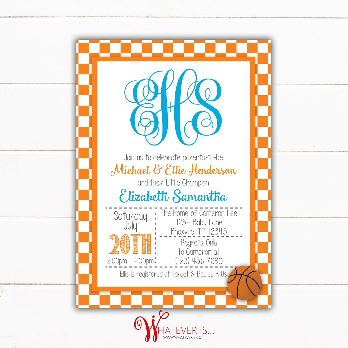 Girl's Orange and White Basketball Baby Shower Invitation