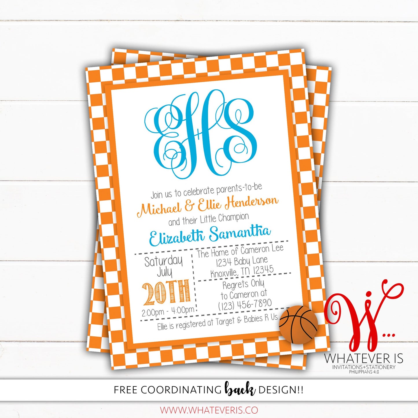 Girl's Orange and White Basketball Baby Shower Invitation