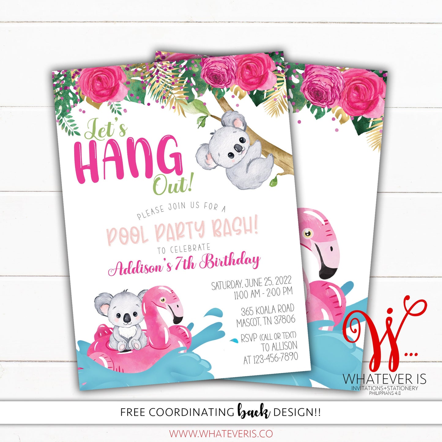Koala Pool Party Birthday Invitation | Koala Birthday Invitation | Floral Birthday Invitation | Bear Birthday Invitation | Girl Birthday