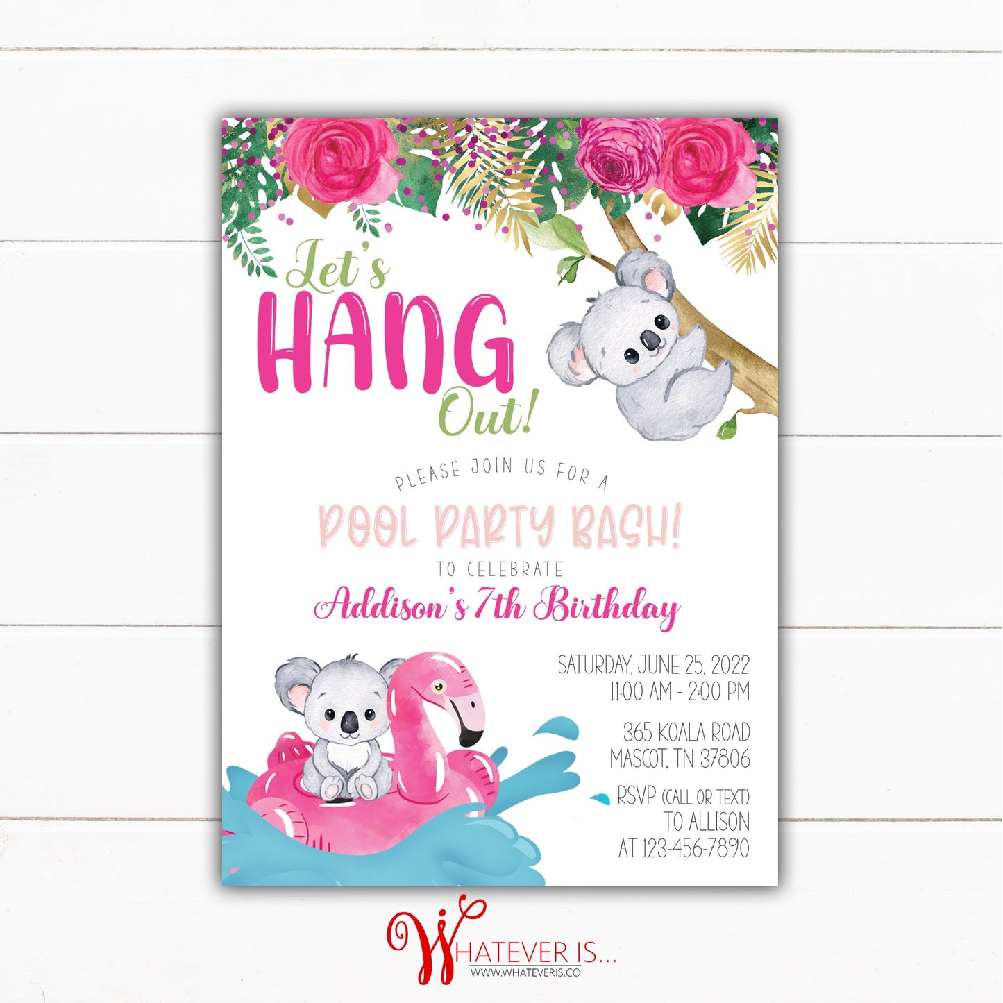 Koala Pool Party Birthday Invitation | Koala Birthday Invitation | Floral Birthday Invitation | Bear Birthday Invitation | Girl Birthday