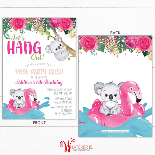 Koala Pool Party Birthday Invitation | Koala Birthday Invitation | Floral Birthday Invitation | Bear Birthday Invitation | Girl Birthday