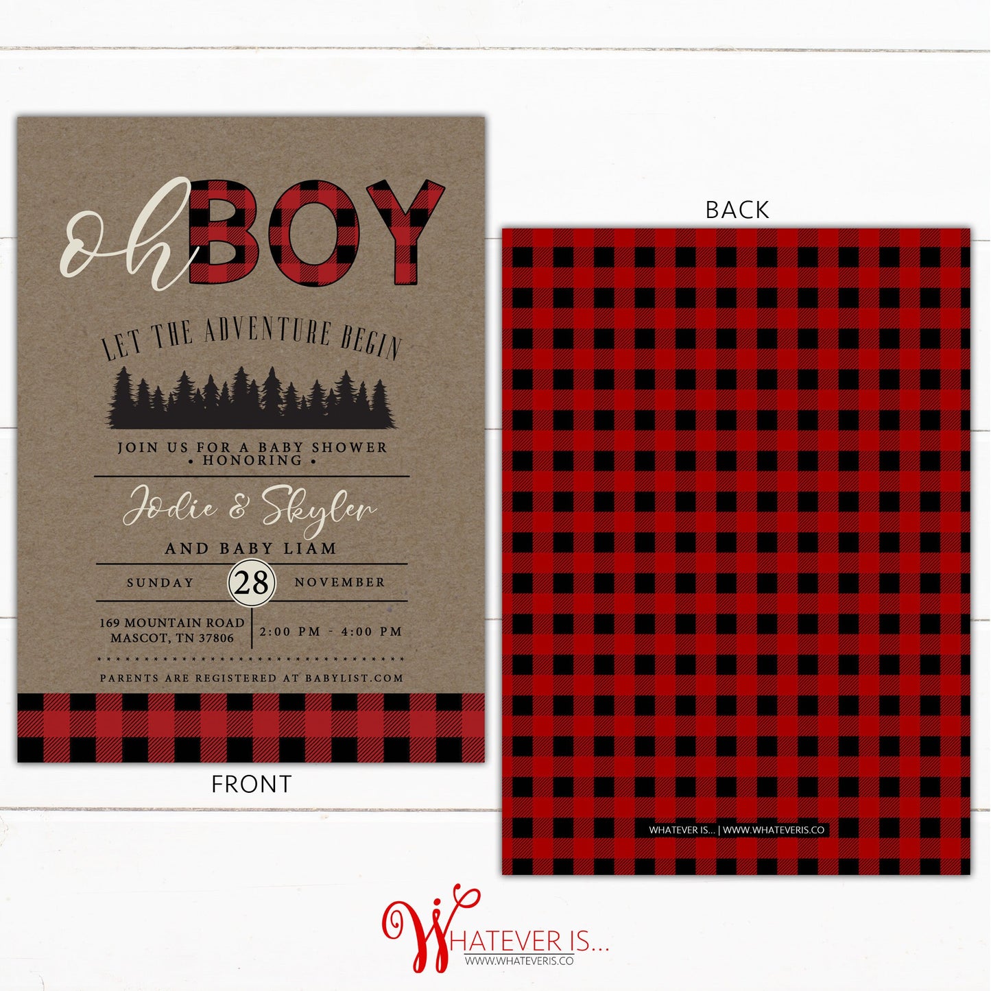 Let's Go on an Adventure Buffalo Plaid Baby Shower Invitation