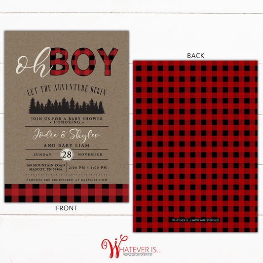 Let's Go on an Adventure Buffalo Plaid Baby Shower Invitation