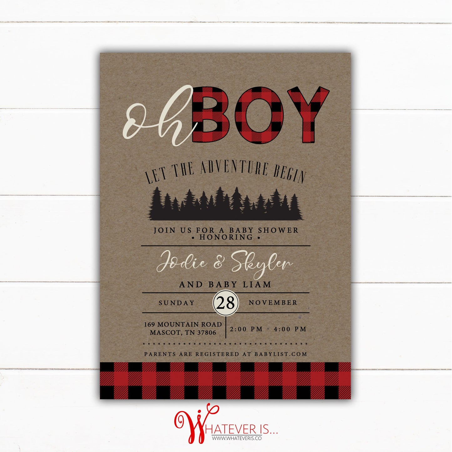 Let's Go on an Adventure Buffalo Plaid Baby Shower Invitation