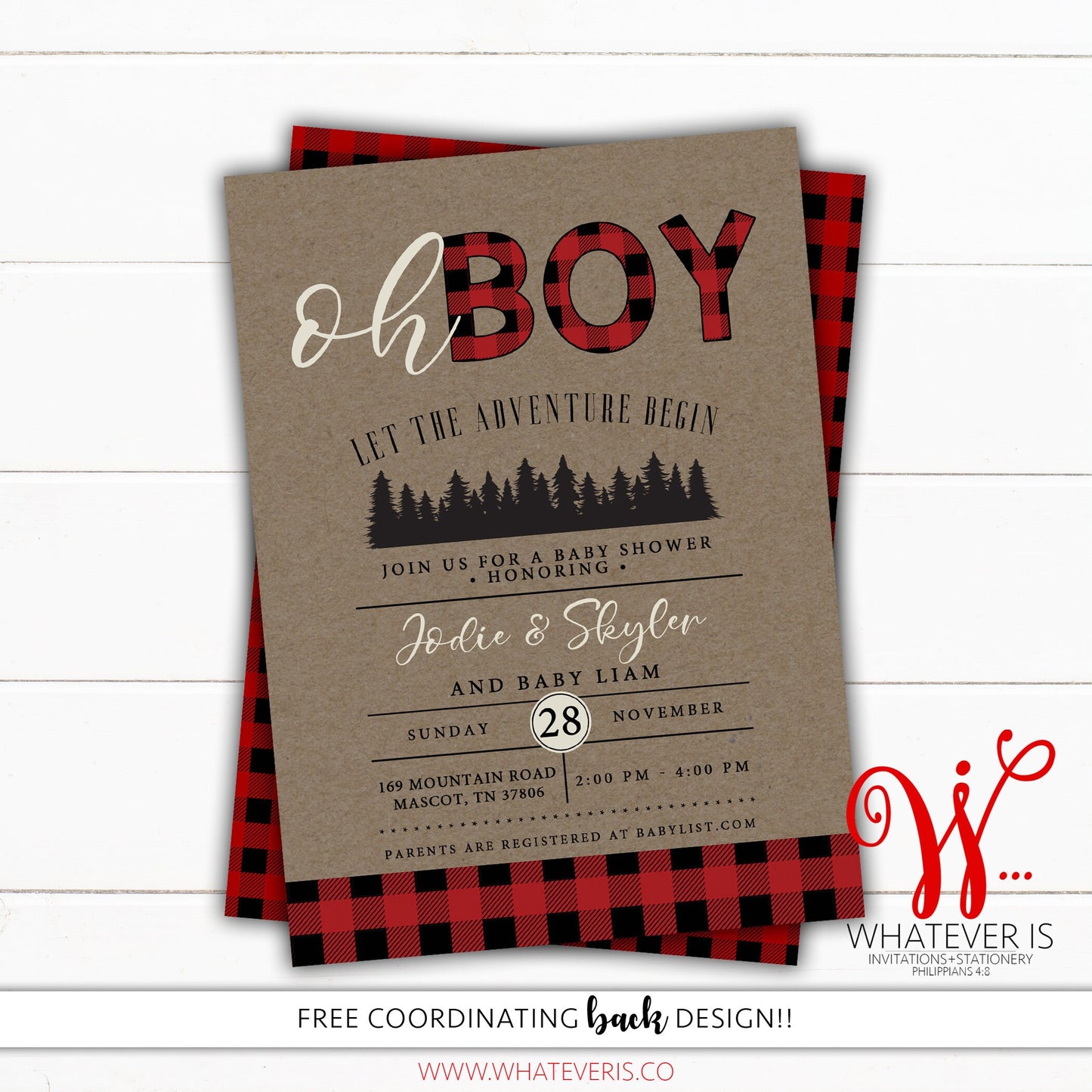 Let's Go on an Adventure Buffalo Plaid Baby Shower Invitation