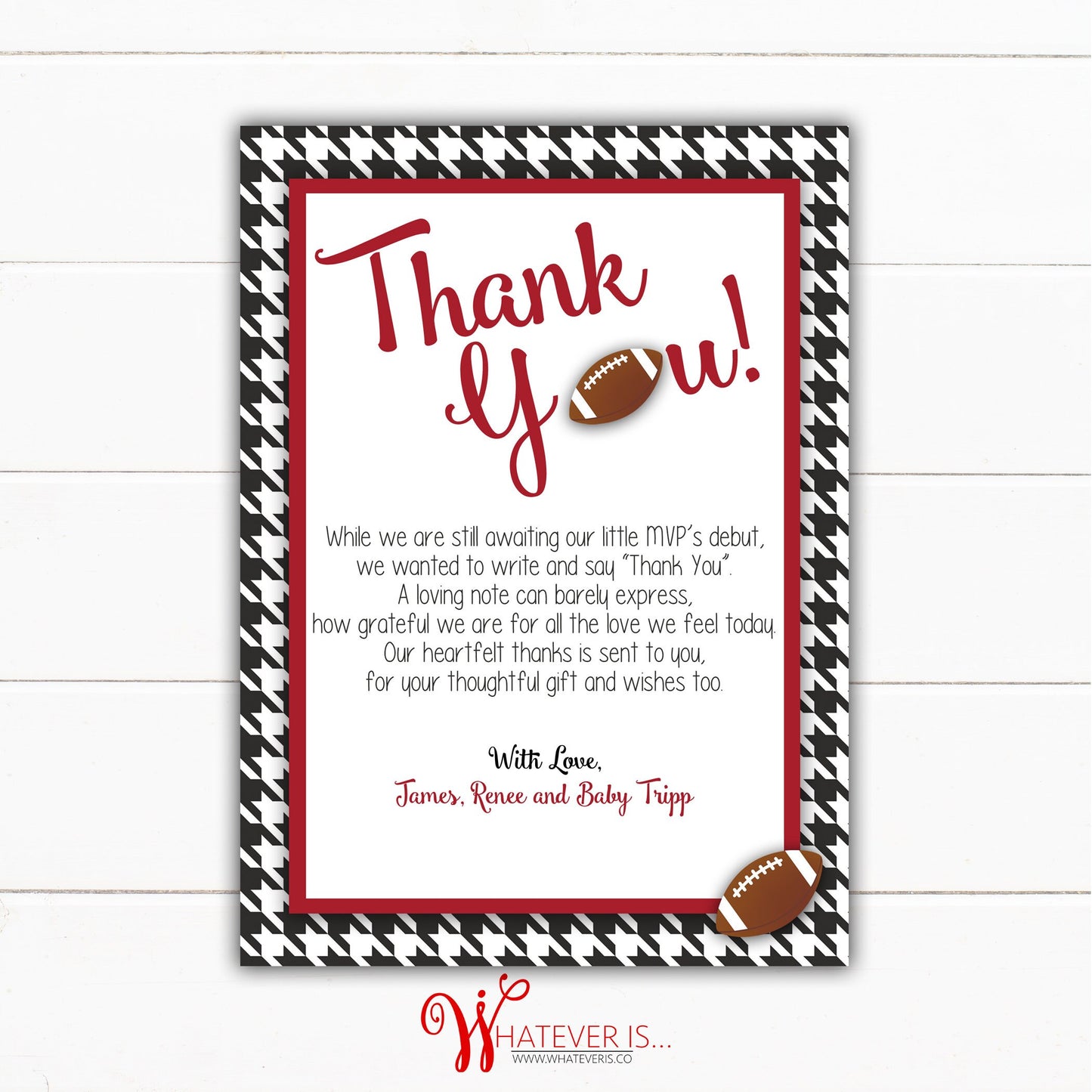 Football Baby Shower Thank You Cards | Houndstooth and Crimson Football | Boy Baby Shower Thank You Cards | Alabama Football