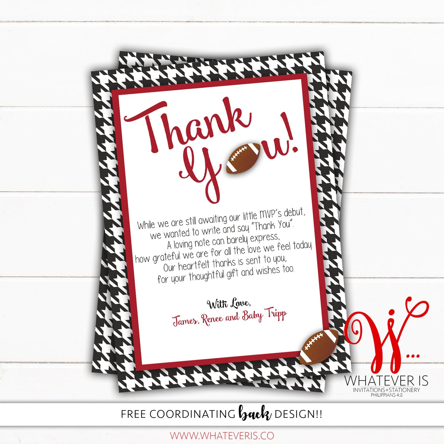 Football Baby Shower Thank You Cards | Houndstooth and Crimson Football | Boy Baby Shower Thank You Cards | Alabama Football