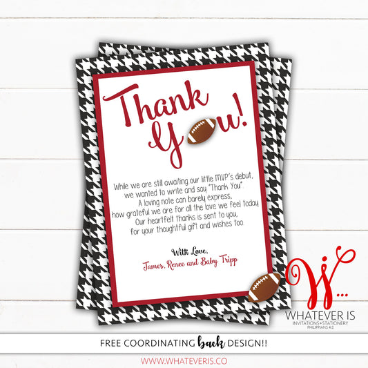 Football Baby Shower Thank You Cards | Houndstooth and Crimson Football | Boy Baby Shower Thank You Cards | Alabama Football