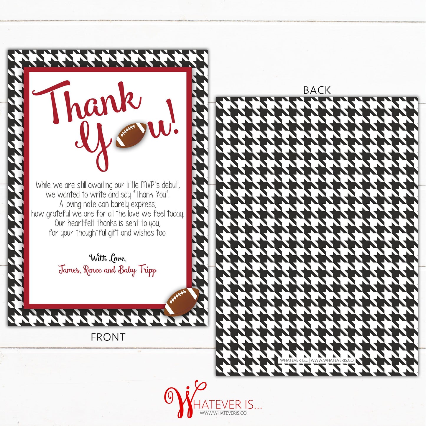 Football Baby Shower Thank You Cards | Houndstooth and Crimson Football | Boy Baby Shower Thank You Cards | Alabama Football