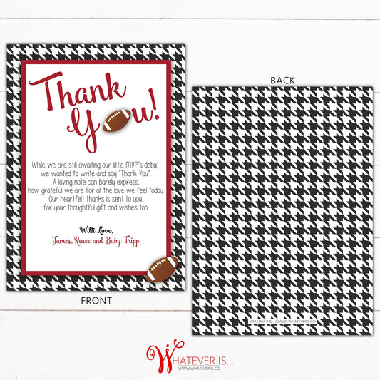 Football Baby Shower Thank You Cards | Houndstooth and Crimson Football | Boy Baby Shower Thank You Cards | Alabama Football