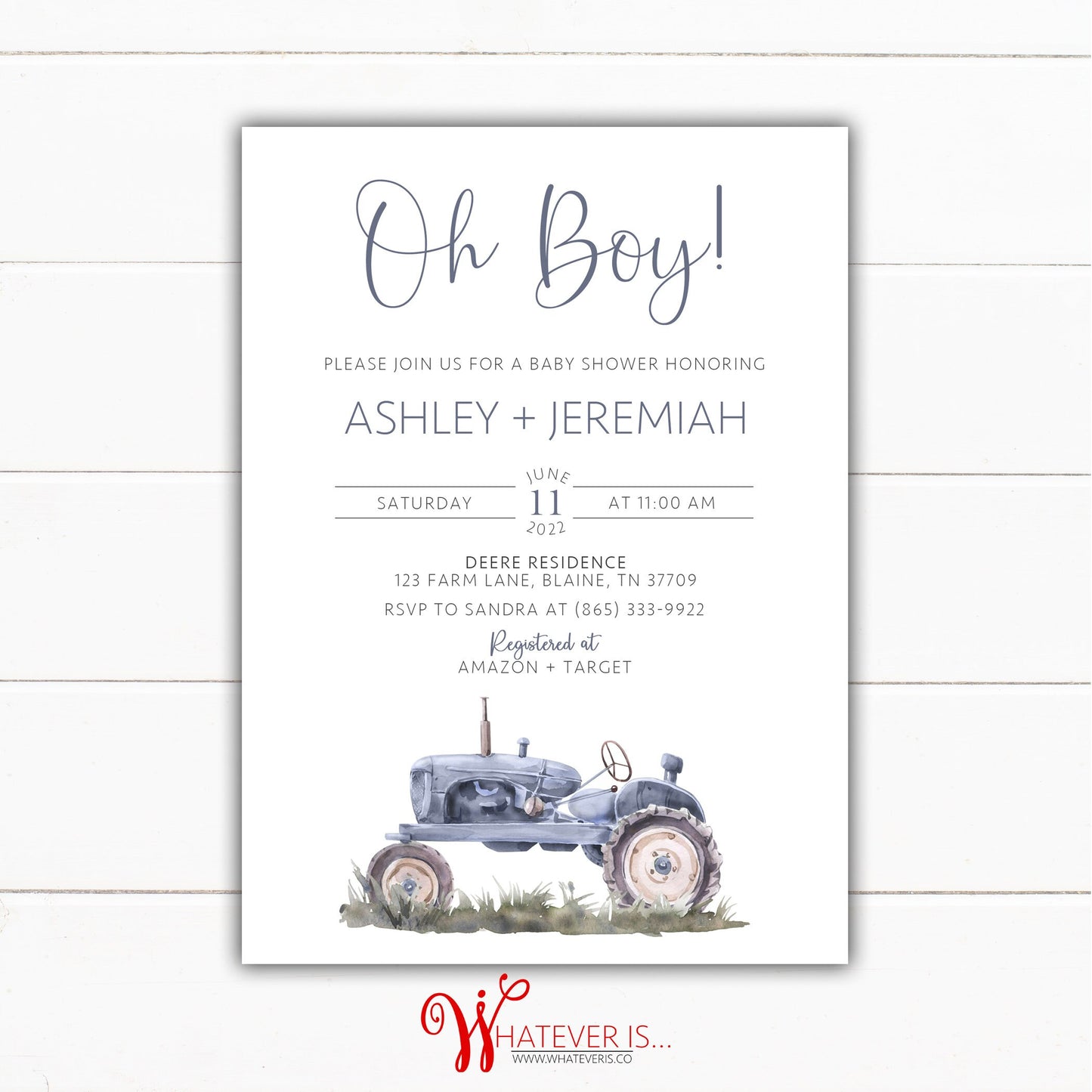 Blue Tractor Baby Shower Invitation