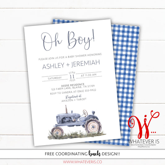 Blue Tractor Baby Shower Invitation