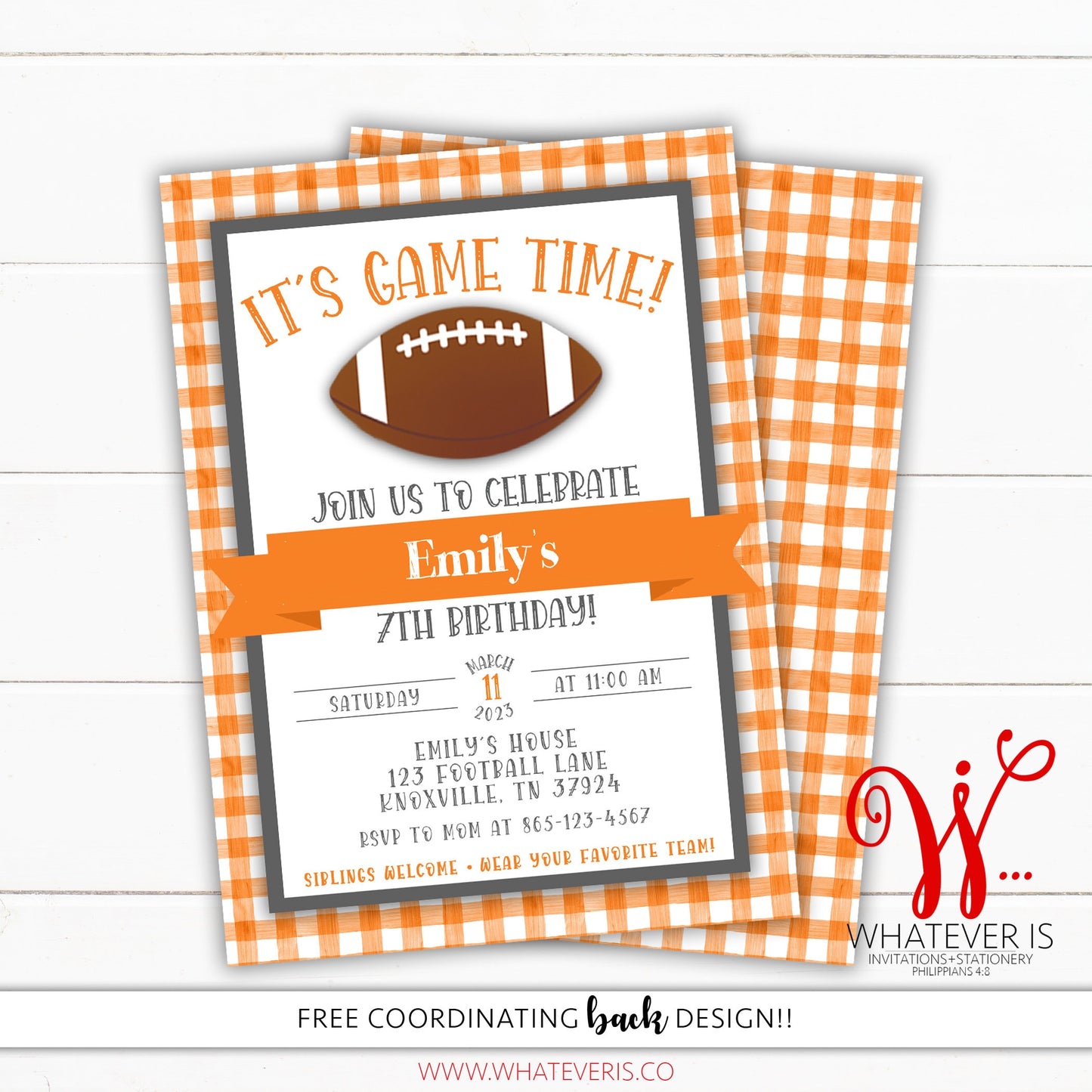 Orange and White Football Birthday Invitation