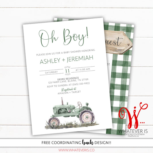 Green Tractor Baby Shower Invitation | Tractor Baby Shower | Tractor Invitation | Farm Baby Shower Invitation | Farm Baby | Book Request
