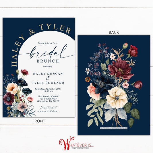 Rustic Wildflower Bridal Shower Invitations | Navy Floral Bridal Shower Invitation | Navy and Maroon Floral Bridal Shower | Bridal Brunch