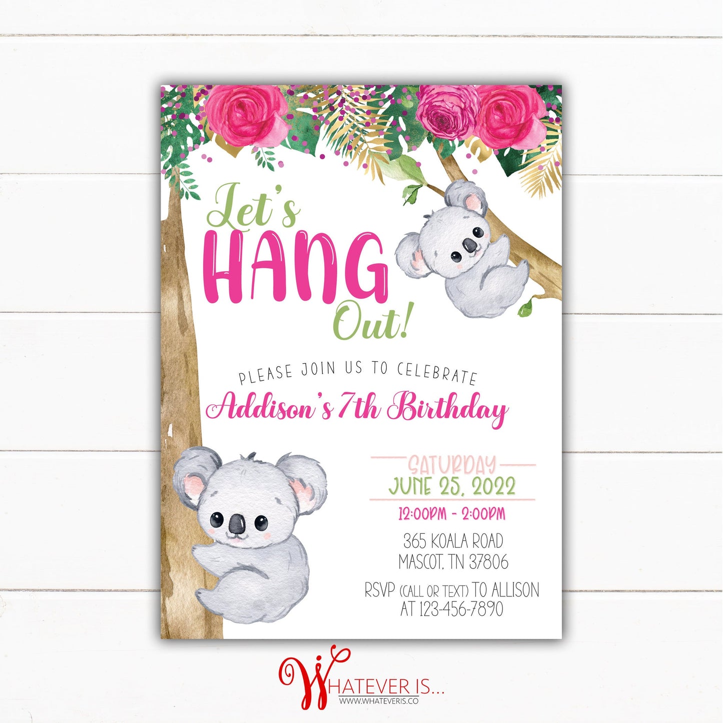 Koala Party Birthday Invitation | Koala Birthday Invitation | Floral Birthday Invitation | Bear Birthday Invitation | Girl Birthday