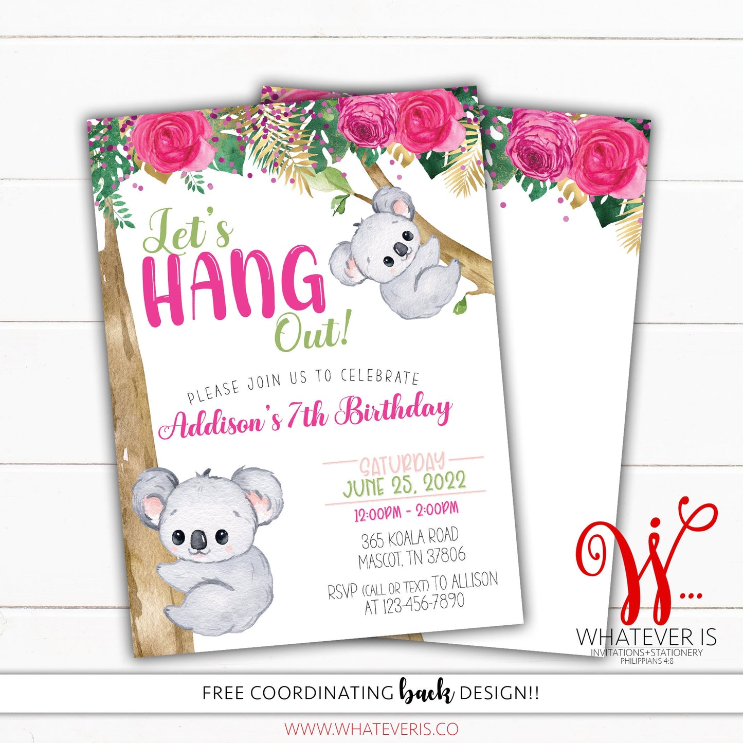 Koala Party Birthday Invitation | Koala Birthday Invitation | Floral Birthday Invitation | Bear Birthday Invitation | Girl Birthday