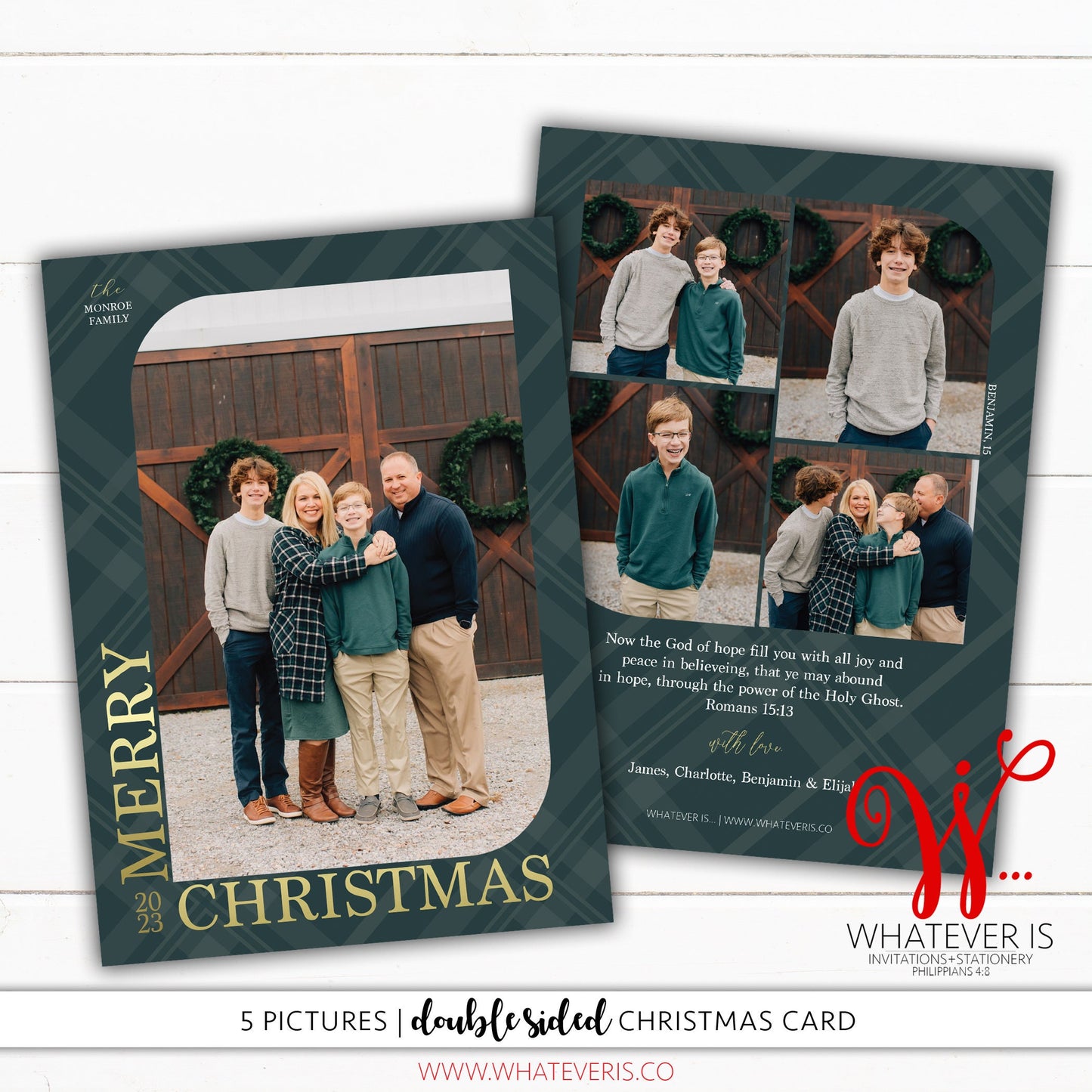 Green Plaid Family Picture Christmas Card