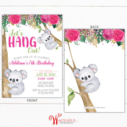 Koala Party Birthday Invitation | Koala Birthday Invitation | Floral Birthday Invitation | Bear Birthday Invitation | Girl Birthday