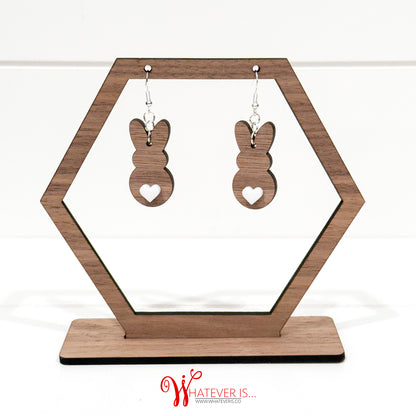 Wood Bunny with Heart Tail Easter Earrings