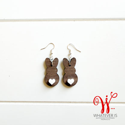 Wood Bunny with Heart Tail Easter Earrings