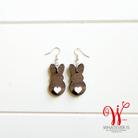 Wood Bunny with Heart Tail Easter Earrings