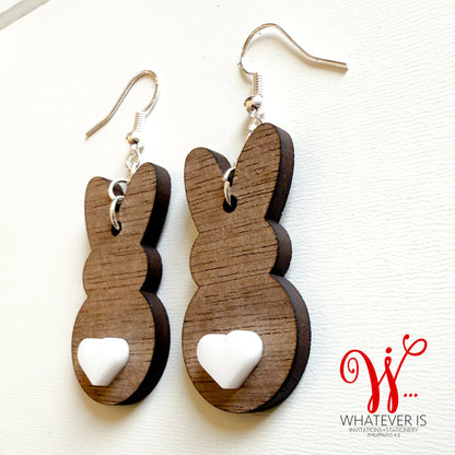 Wood Bunny with Heart Tail Easter Earrings