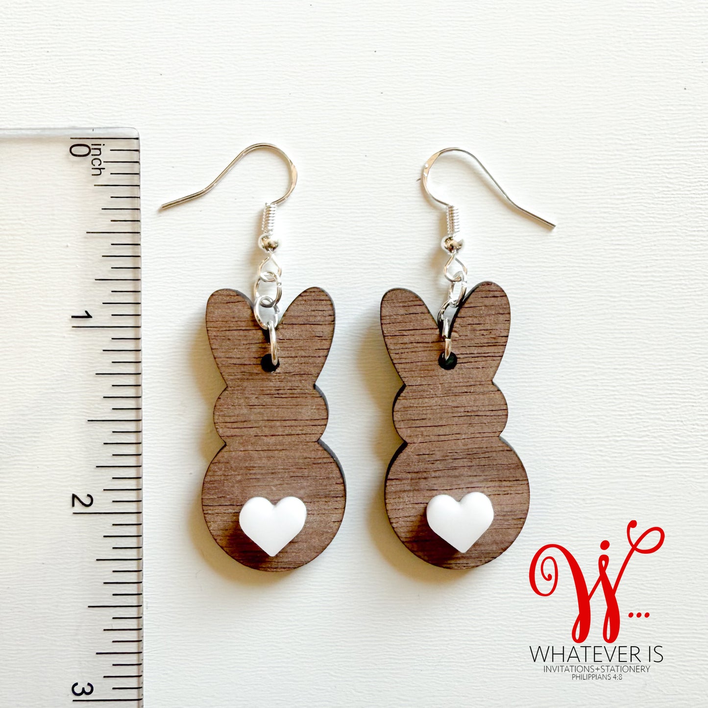 Wood Bunny with Heart Tail Easter Earrings