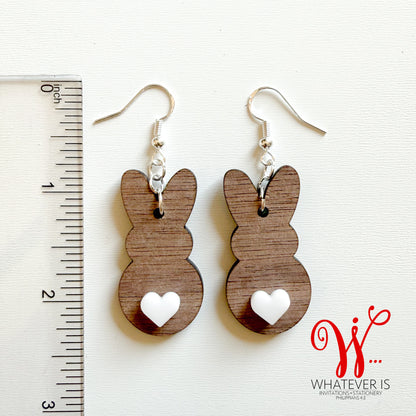 Wood Bunny with Heart Tail Easter Earrings