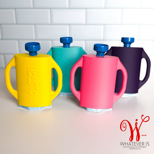 Colorful baby food pouch holders with easy-grip handles designed to prevent toddlers from squeezing yogurt and puree pouches and making a mess.