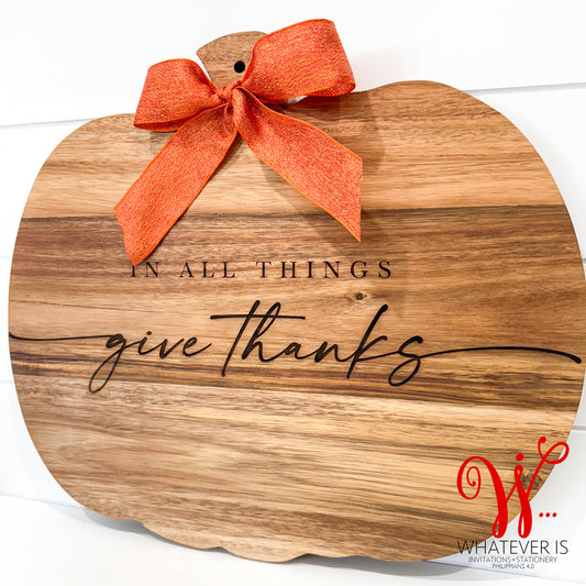 Give Thanks Pumpkin Charcuterie Board | Fall Cutting Board Kitchen Decorations