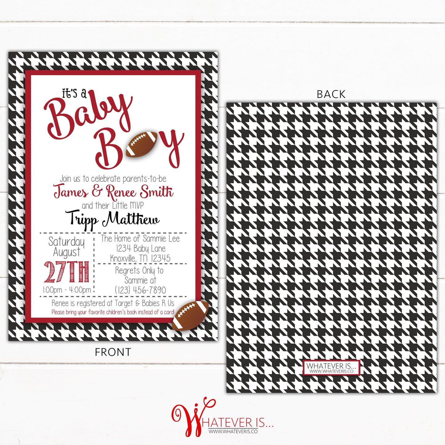 Houndstooth and Crimson Sports Baby Shower Invitation | Football Baby Shower | Alabama Baby | Crimson Baby Shower | Baby Shower Invitations