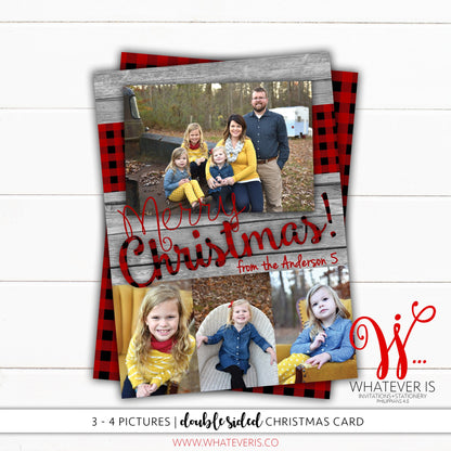 Rustic Wood Buffalo Plaid Picture Christmas Card