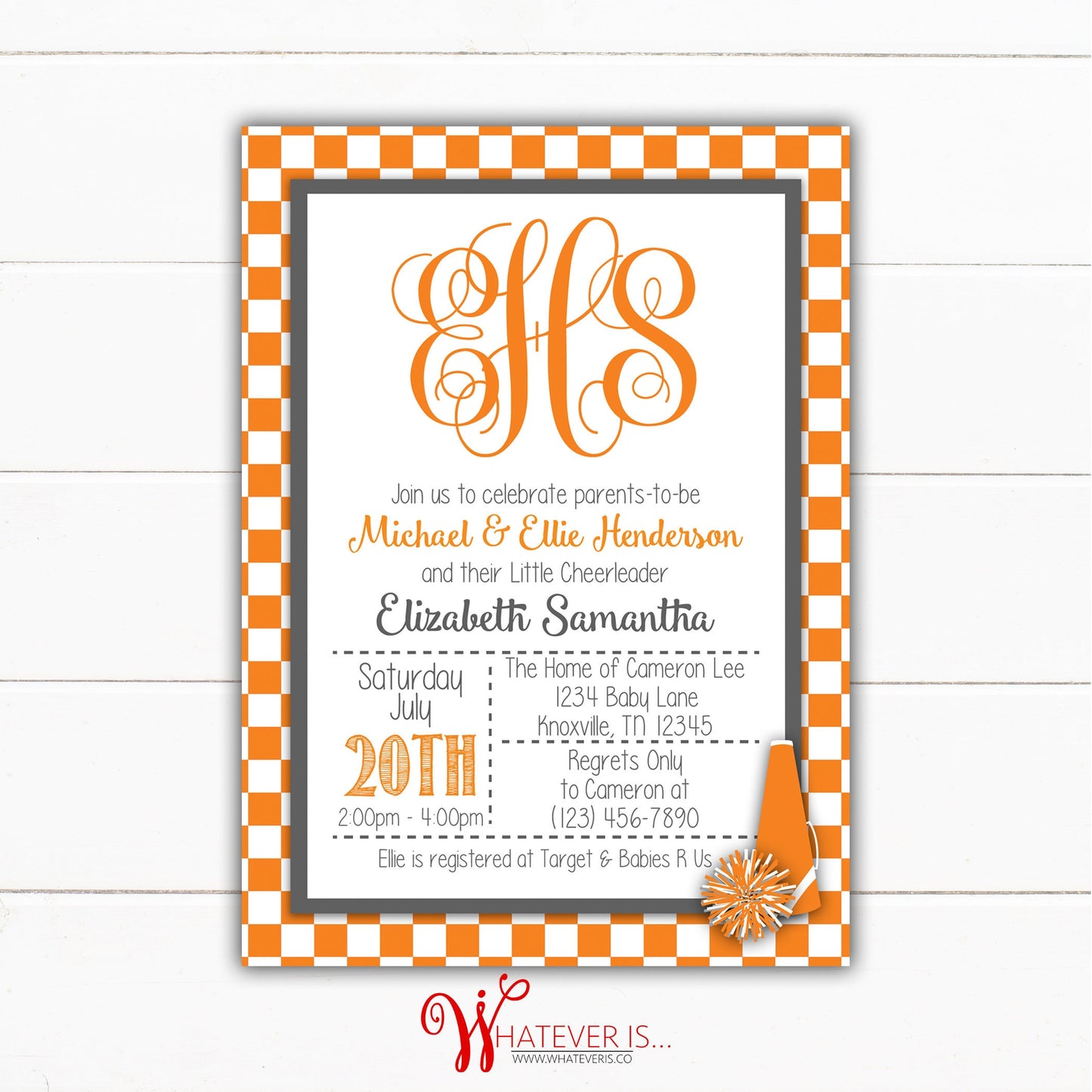 Orange and White Cheerleading Baby Shower Invitation