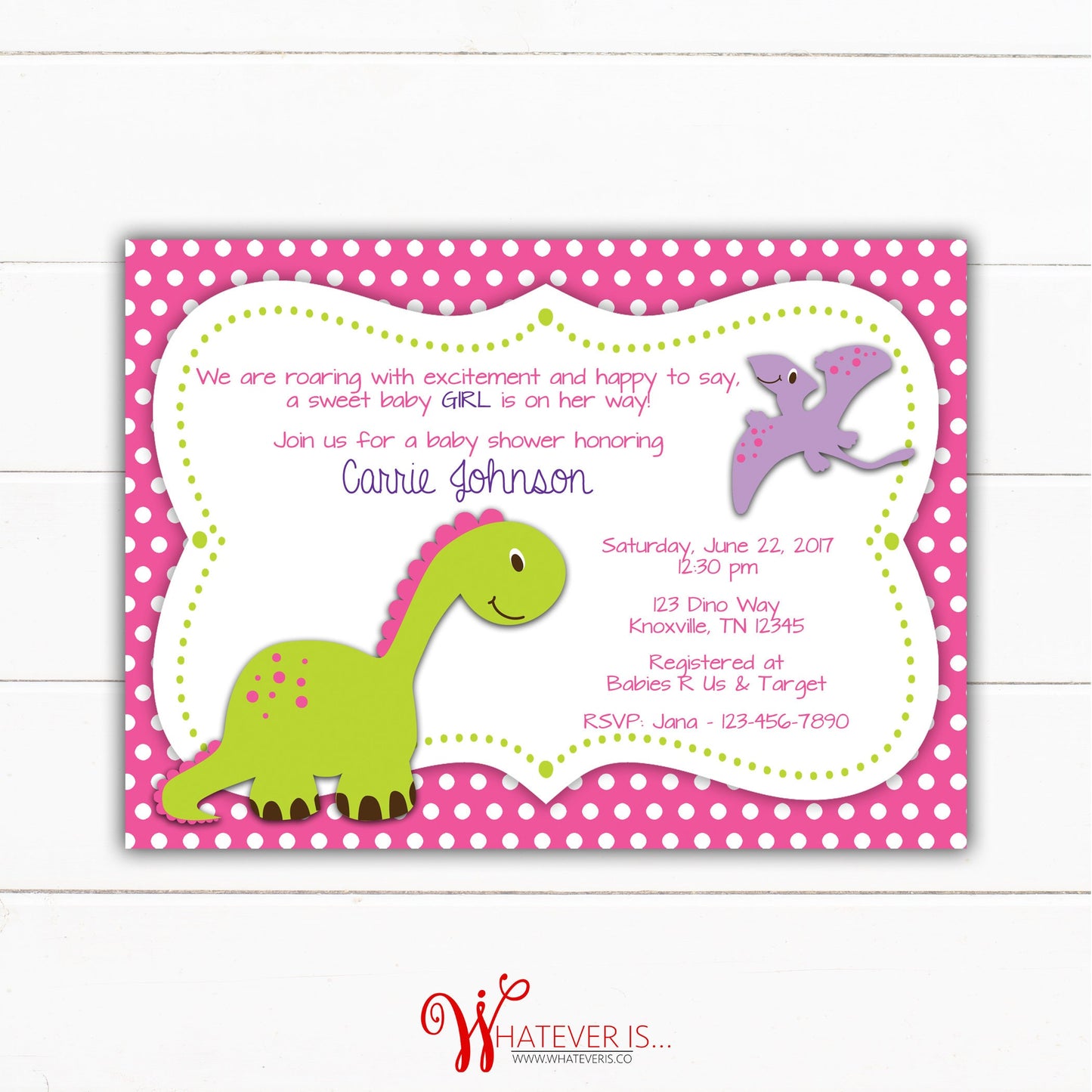 Pink Baby Girl Dinosaur Baby Shower Invitation