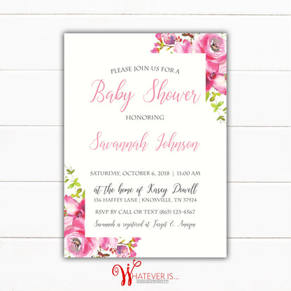 Pink Watercolor Floral Baby Shower Invitation | Pink Floral Baby Shower | Shabby Chic Floral Baby Shower Invitation | Girl Baby Shower