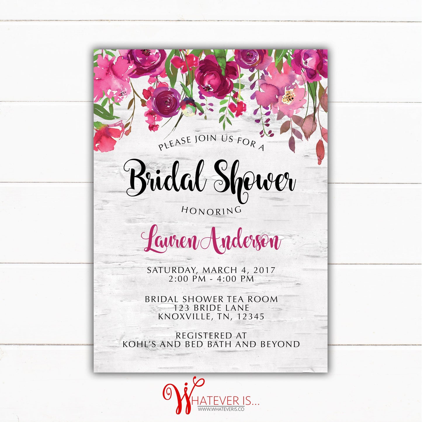 Pink Floral Birch Tree Bridal Shower Invitation | Plum Floral Bridal Shower | Floral Bridal Shower Invitation | Birch Tree | Rustic Floral