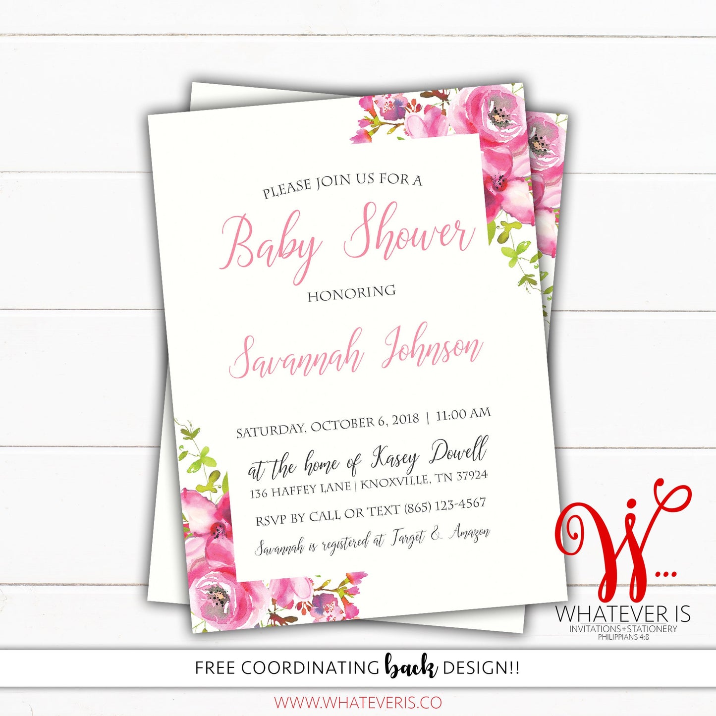 Pink Watercolor Floral Baby Shower Invitation | Pink Floral Baby Shower | Shabby Chic Floral Baby Shower Invitation | Girl Baby Shower