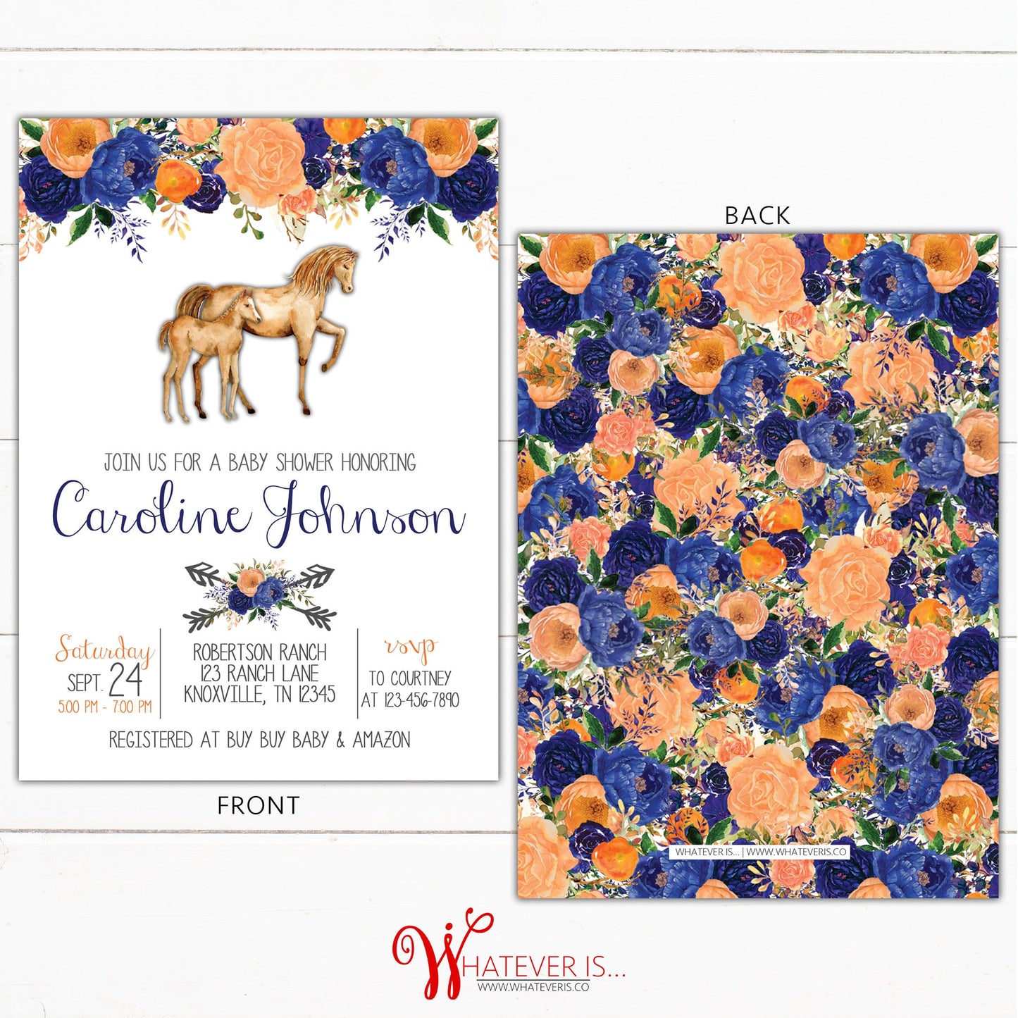 Orange and Blue Floral Horse Baby Shower Printable Invitation | Watercolor Floral Baby Shower | Horse Baby Shower | Printable Invitations