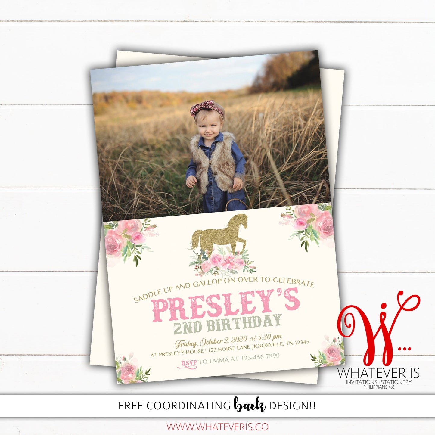 Gold and Pink Horse Birthday Invitation | Horse Birthday Invitation | Pink Floral Birthday | Gold Horse Birthday | Girl Birthday Invitation
