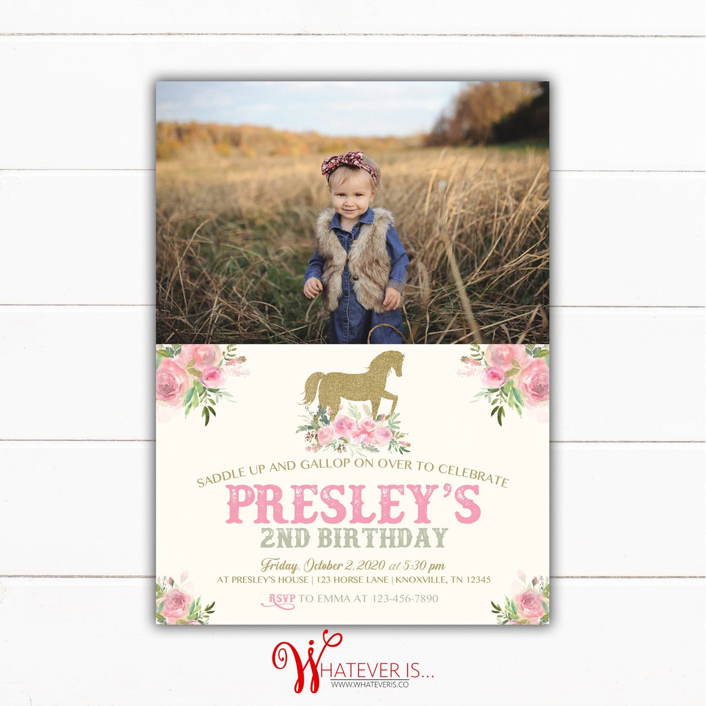 Gold and Pink Horse Birthday Invitation | Horse Birthday Invitation | Pink Floral Birthday | Gold Horse Birthday | Girl Birthday Invitation