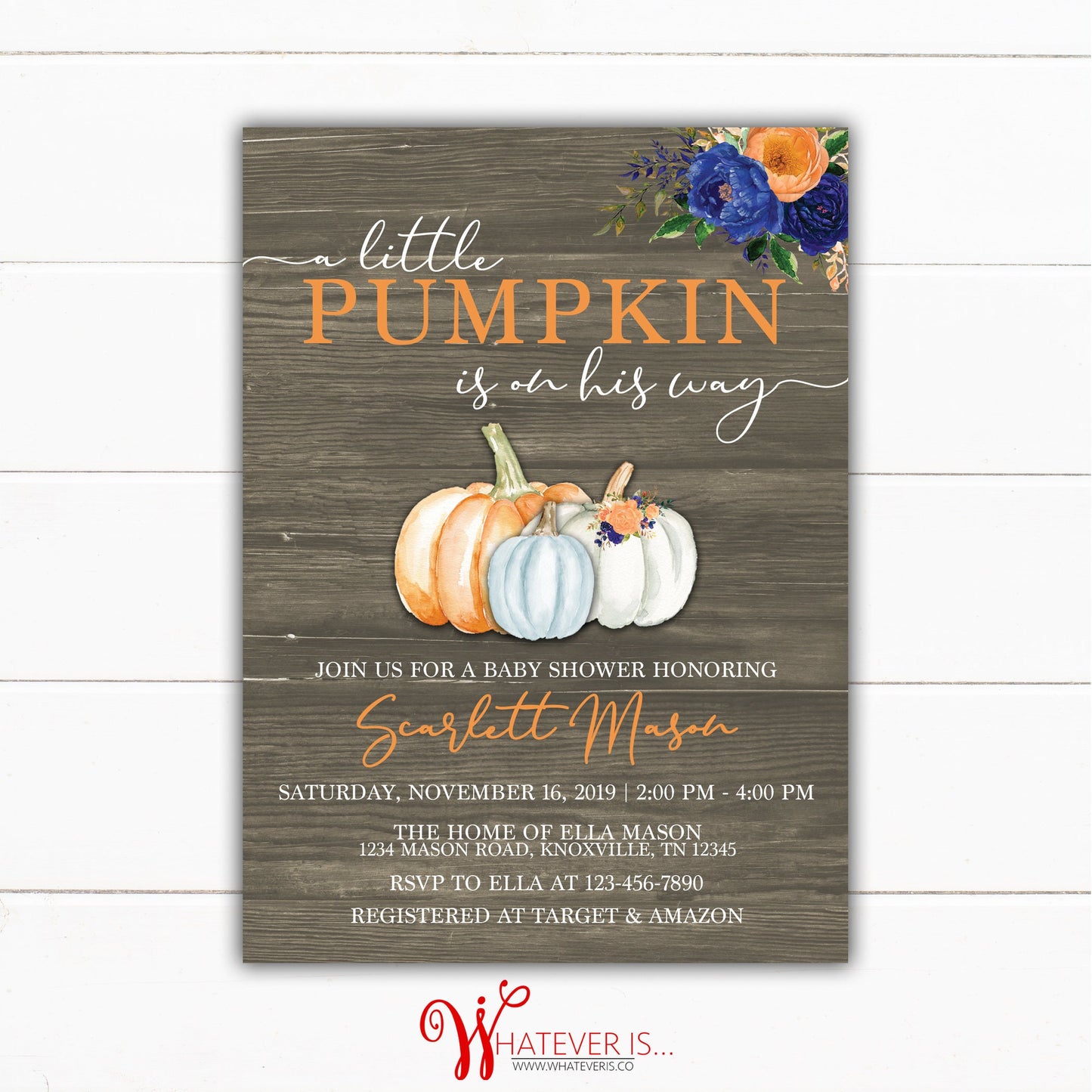 Little Pumpkin Baby Shower Invitation | Fall Baby | Rustic Watercolor Floral | Rustic Fall Baby Shower Invitation | Printable Invitations