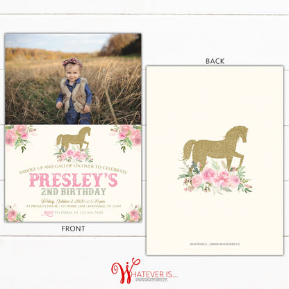 Gold and Pink Horse Birthday Invitation | Horse Birthday Invitation | Pink Floral Birthday | Gold Horse Birthday | Girl Birthday Invitation