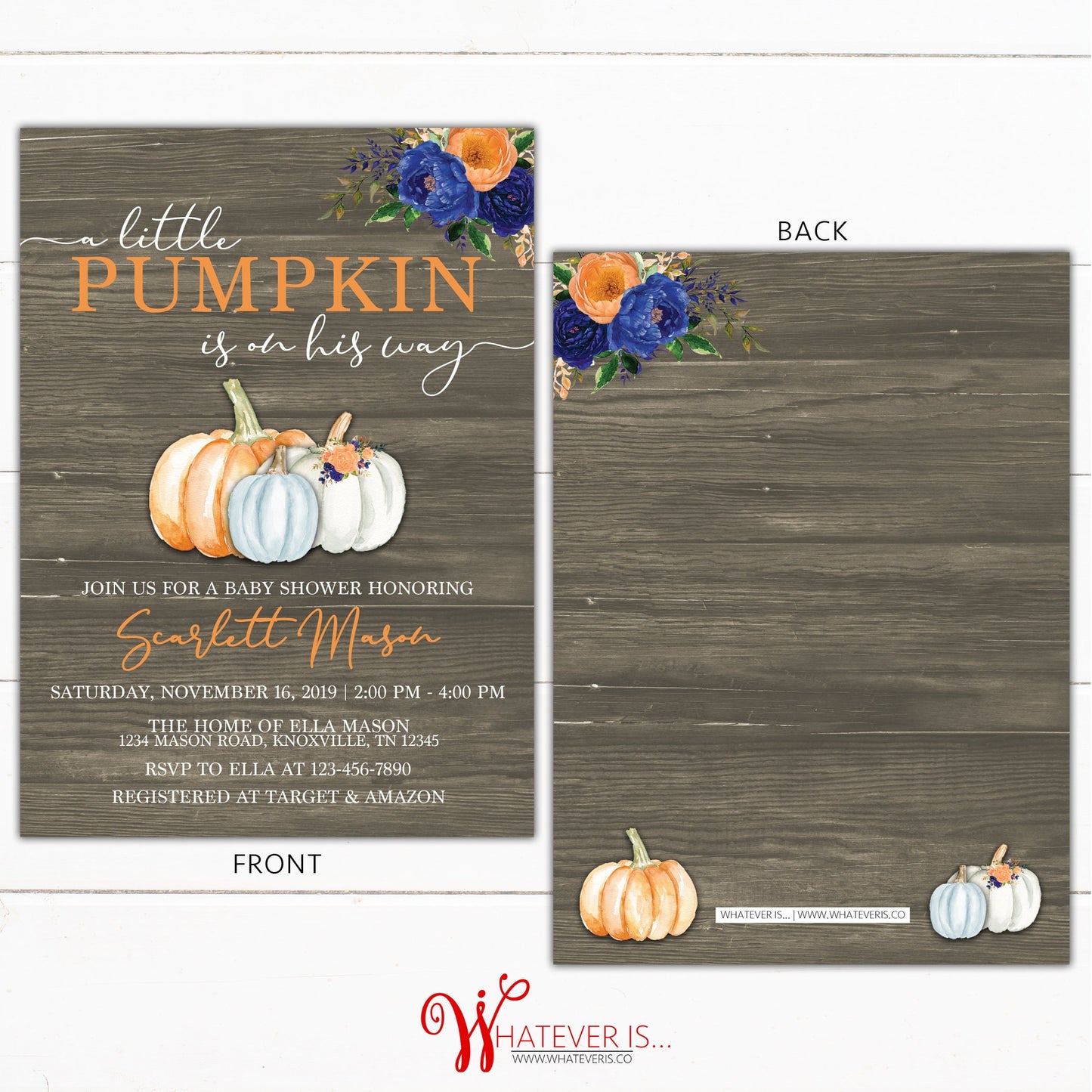 Little Pumpkin Baby Shower Invitation | Fall Baby | Rustic Watercolor Floral | Rustic Fall Baby Shower Invitation | Printable Invitations