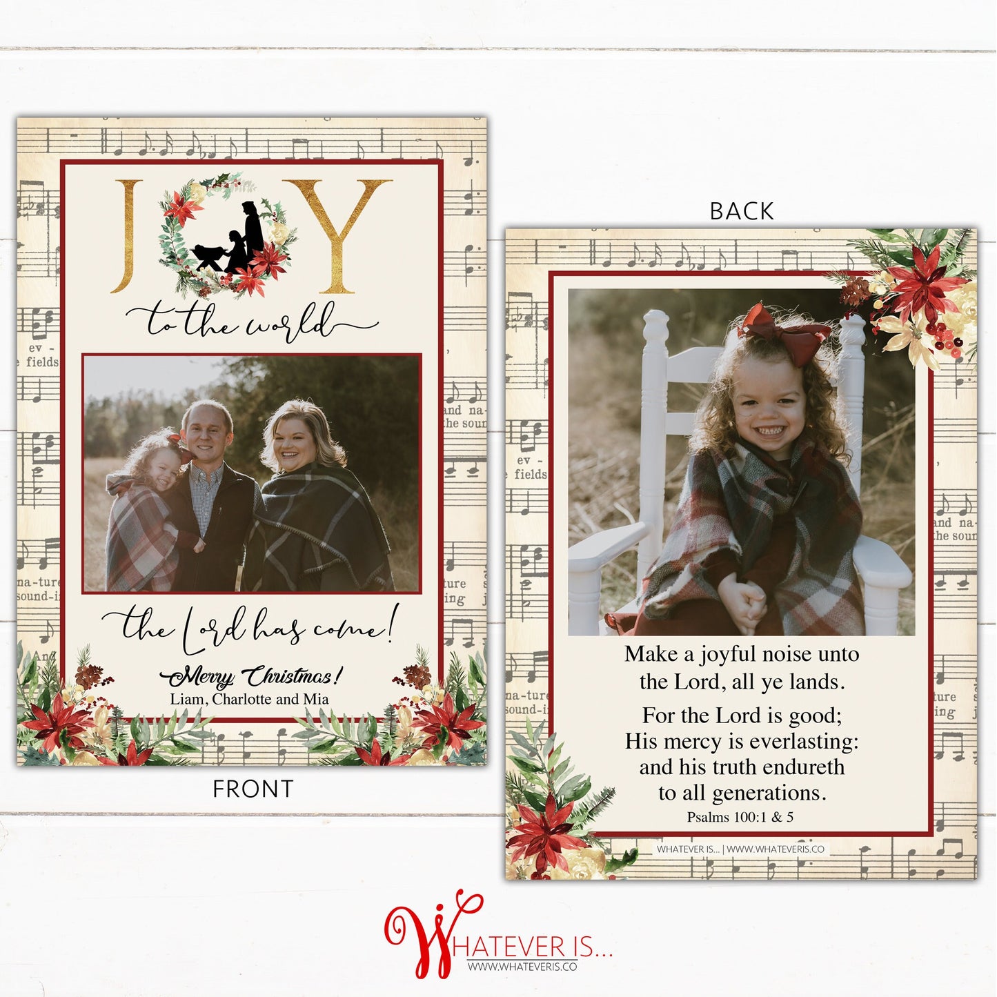 Joy to the World Nativity Christmas Card | Family Picture Christmas Card | Psalms 100 | Christian Christmas | Sheet Music Christmas Card